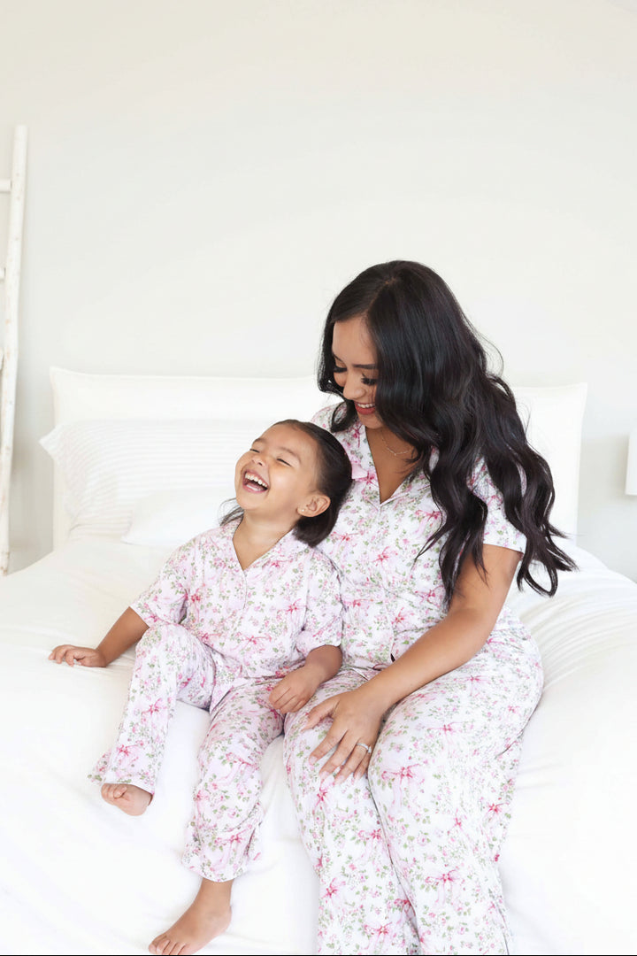flower and bow matching two piece lounge set for mom and daughter 