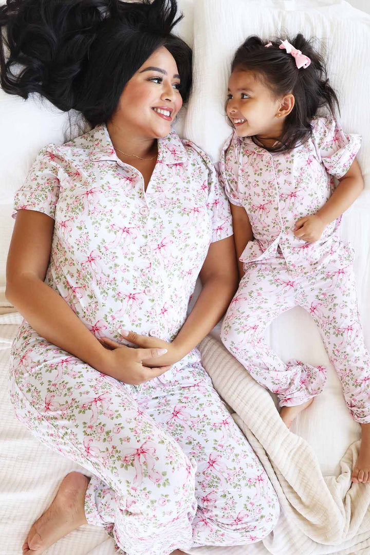 pink and green floral and bow two piece pajama lounge set for girls 