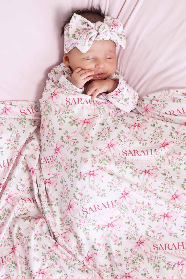bows in blooms personalized swaddle blanket for girls 