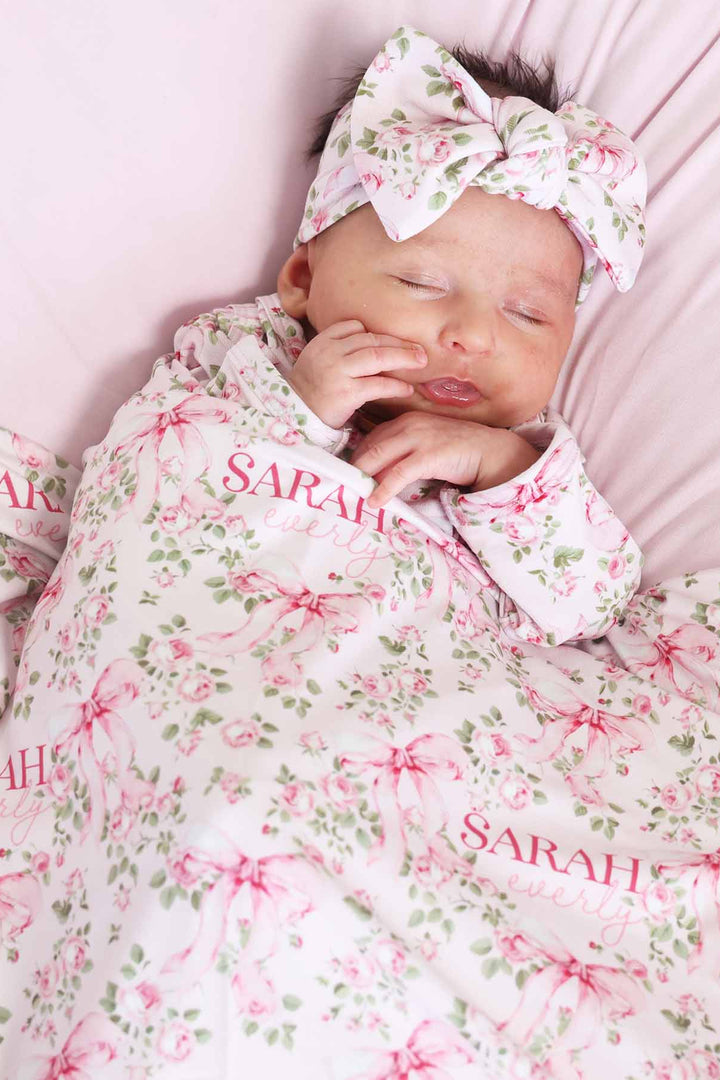 bows in blooms personalized swaddle blanket for newborn girls 