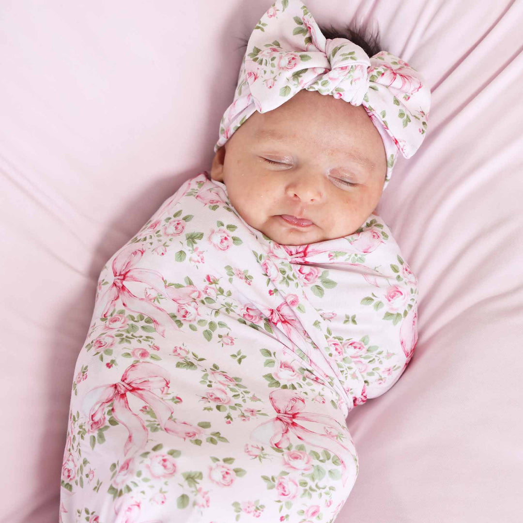 floral and bow knit large bow headwrap for newborns 