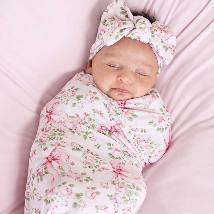 floral and bow knit large bow headwrap for newborns 