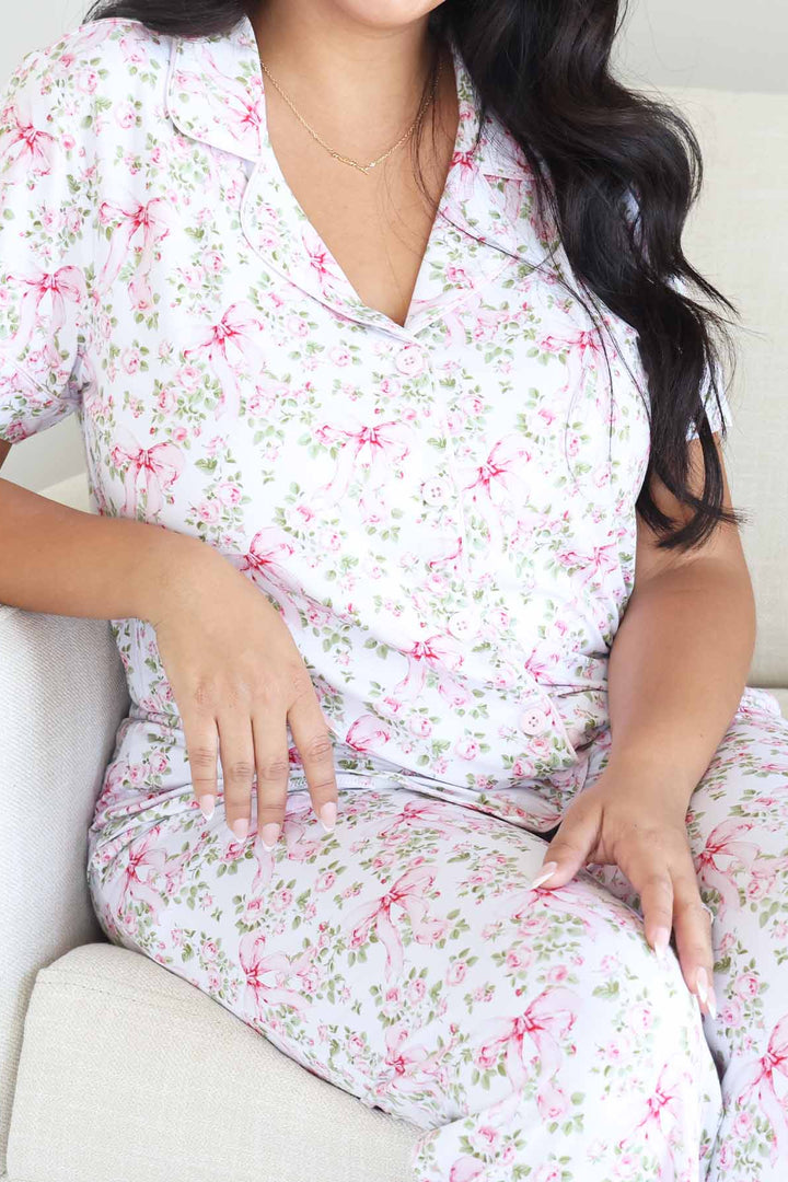 bows in bloom button up lounge set for women 