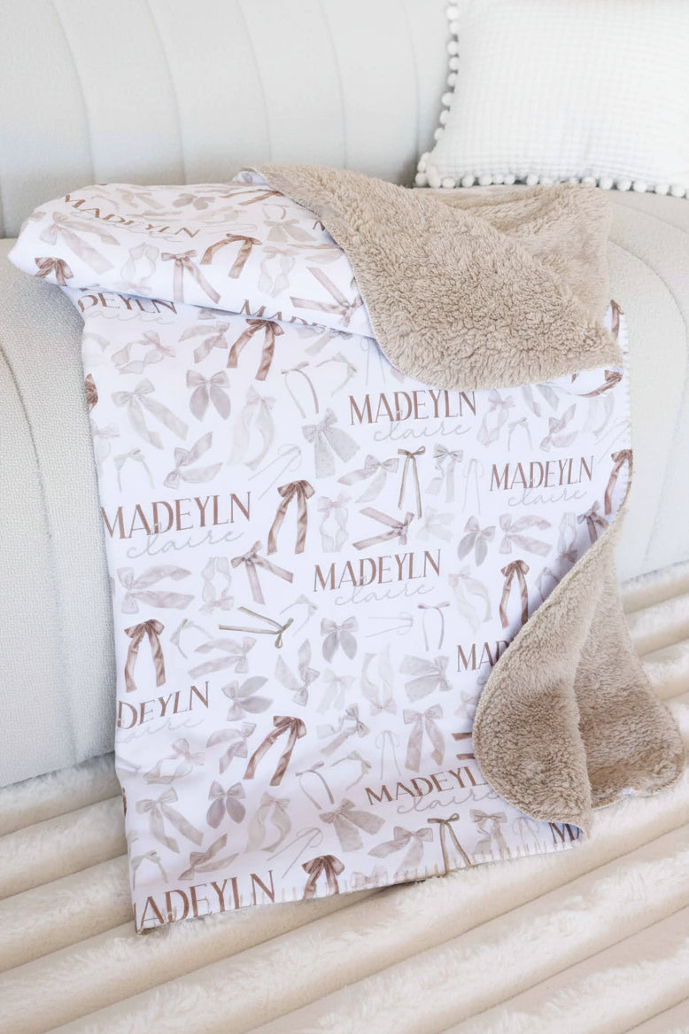 neutral bow personalized kids blanket with fur