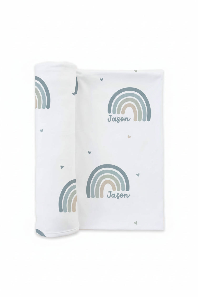 blue rainbow personalized swaddle blanket for baby boys 