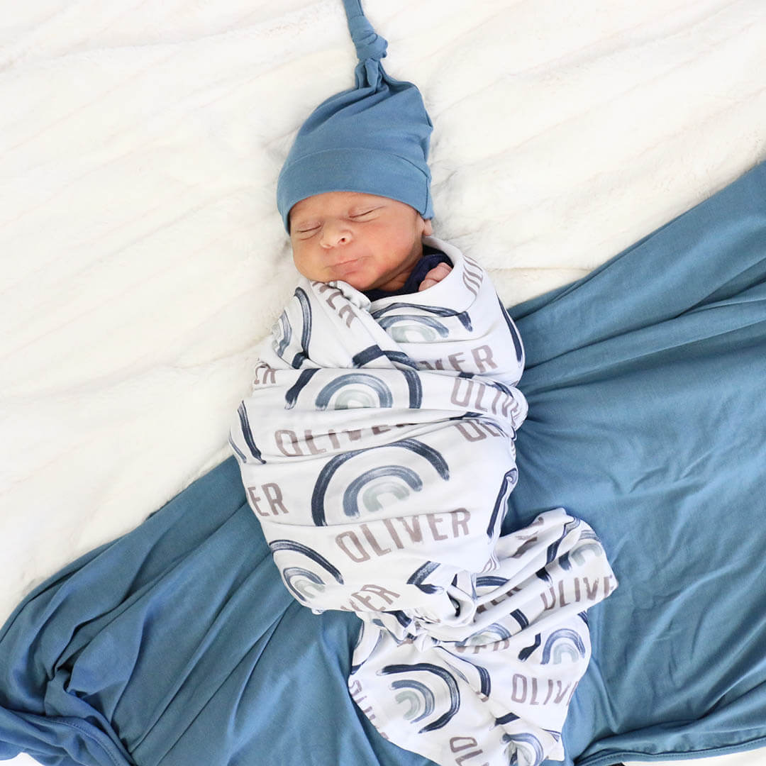 Brooks' Blue Rainbows Personalized Swaddle Blanket