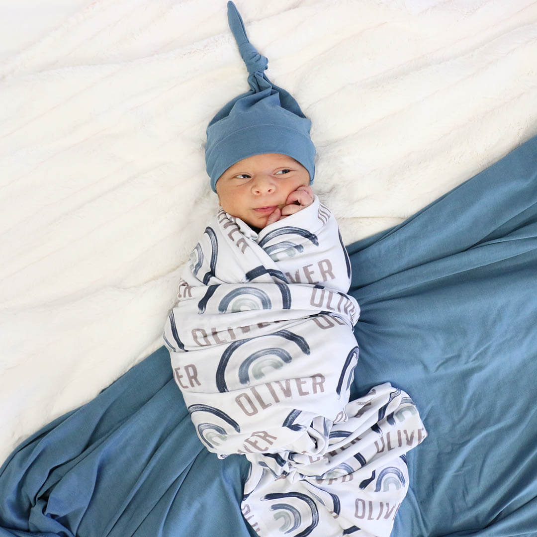 brooks blue rainbows personalized swaddle blanket for babies 