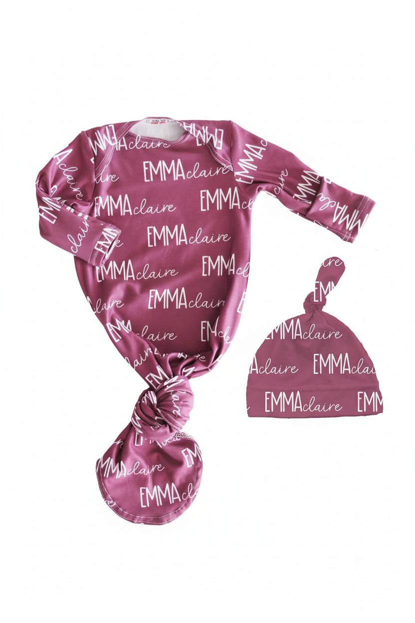 personalized boysenberry knot gown and hat set
