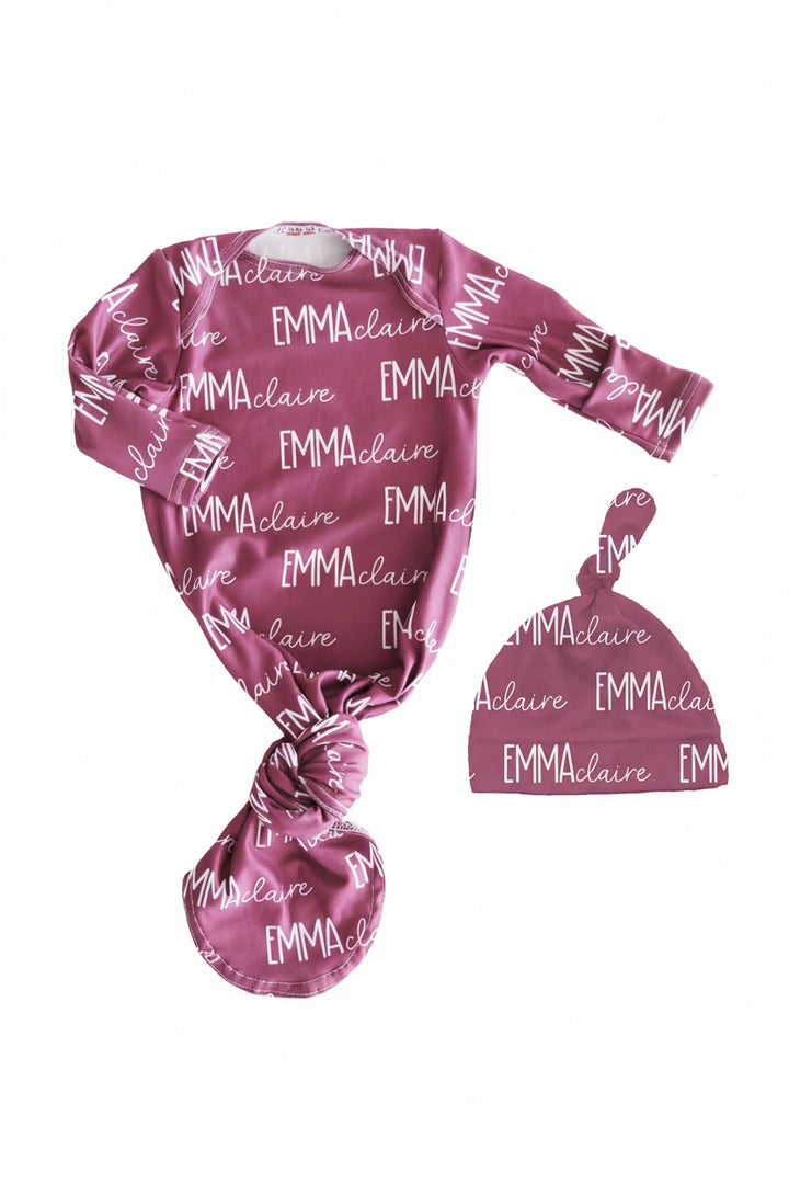 personalized boysenberry knot gown and hat set