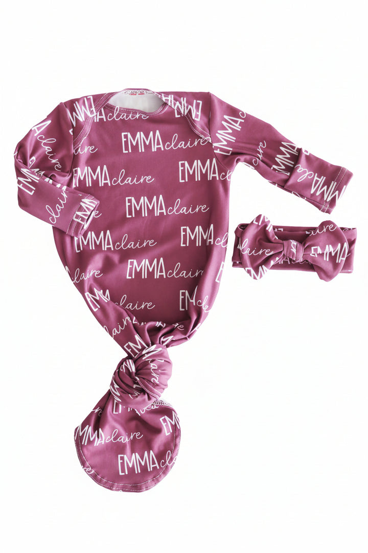 boysenberry personalized knot gown and headwrap for newborns 