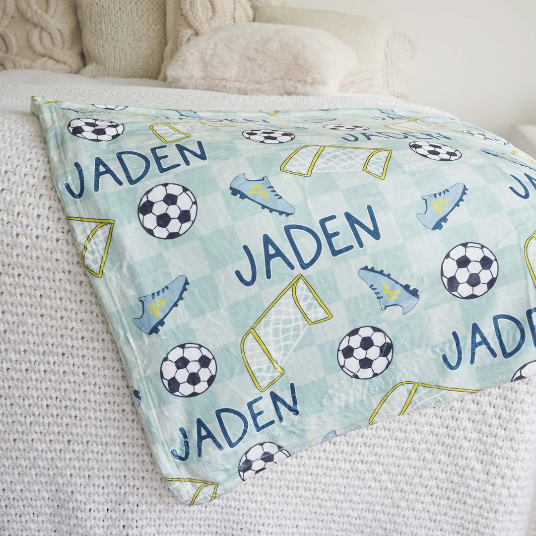 green personalized blanket for boys soccer themed 