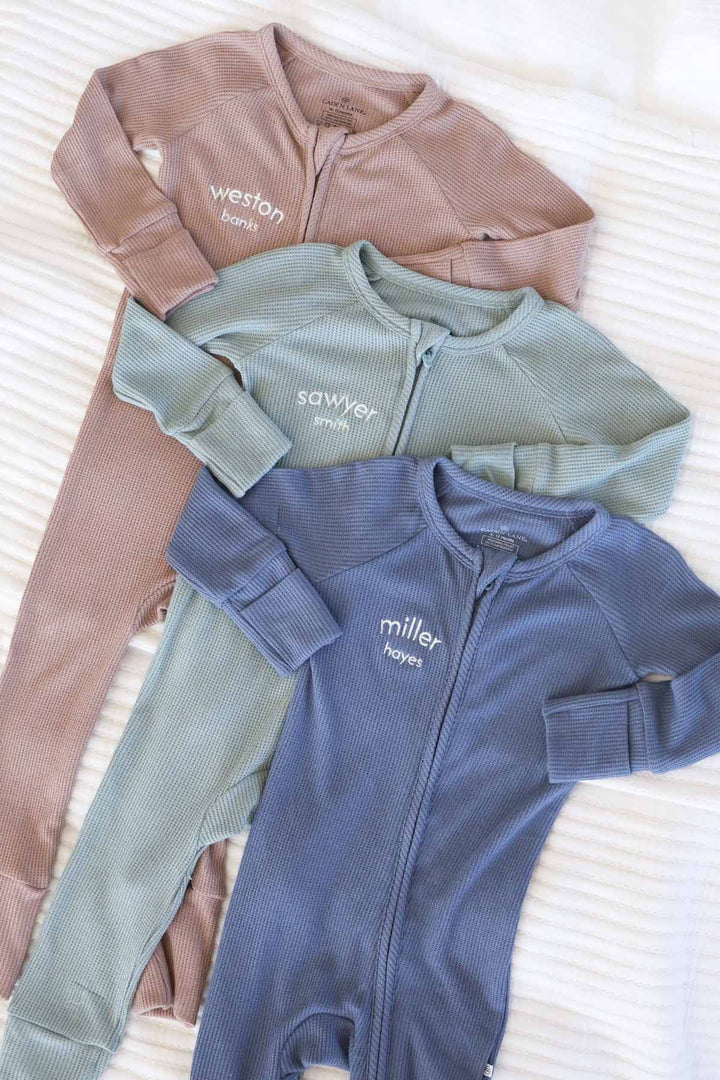 personalized mountain haze bamboo waffle convertible zip rompers 