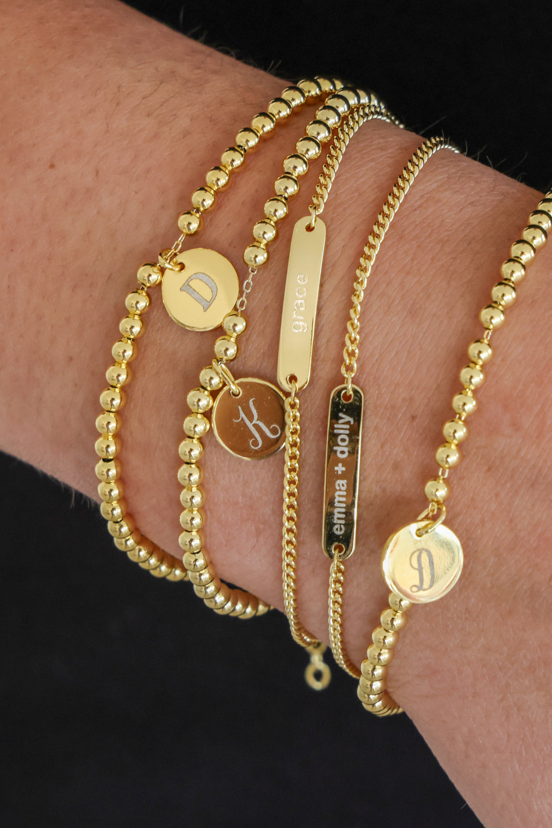 engraved gold bracelet stack 