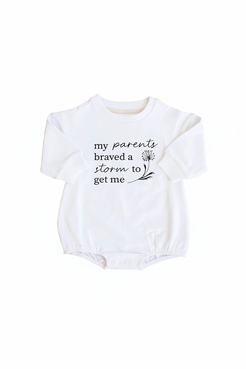 my parents braved a storm to get me dandelion sweatshirt bubble romper for babies