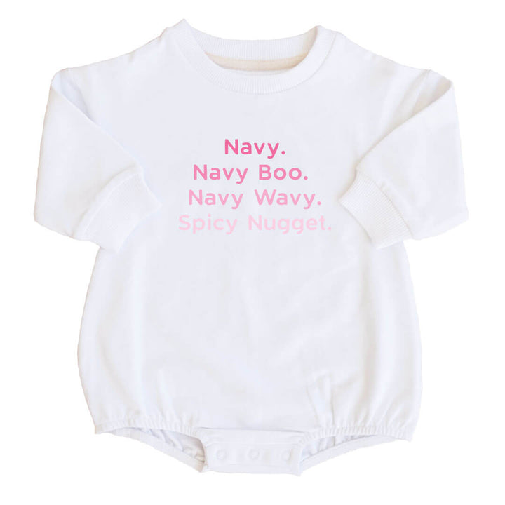 personalized pink nicknames graphic white bubble romper onesie for baby girls