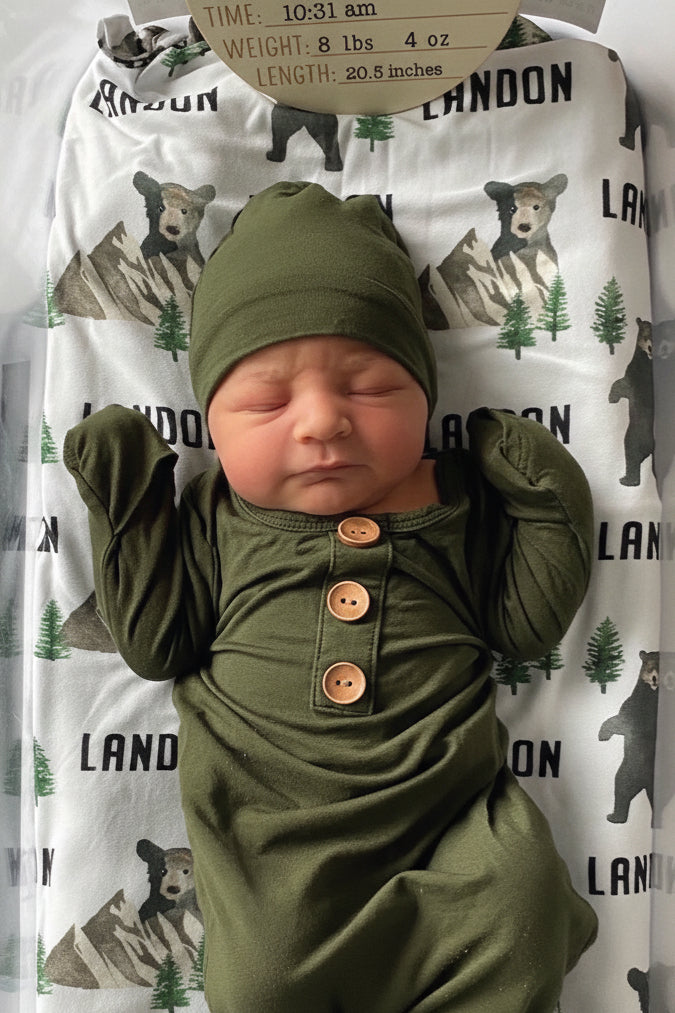 Solid Olive Bamboo Baby Knot Gown & Hat