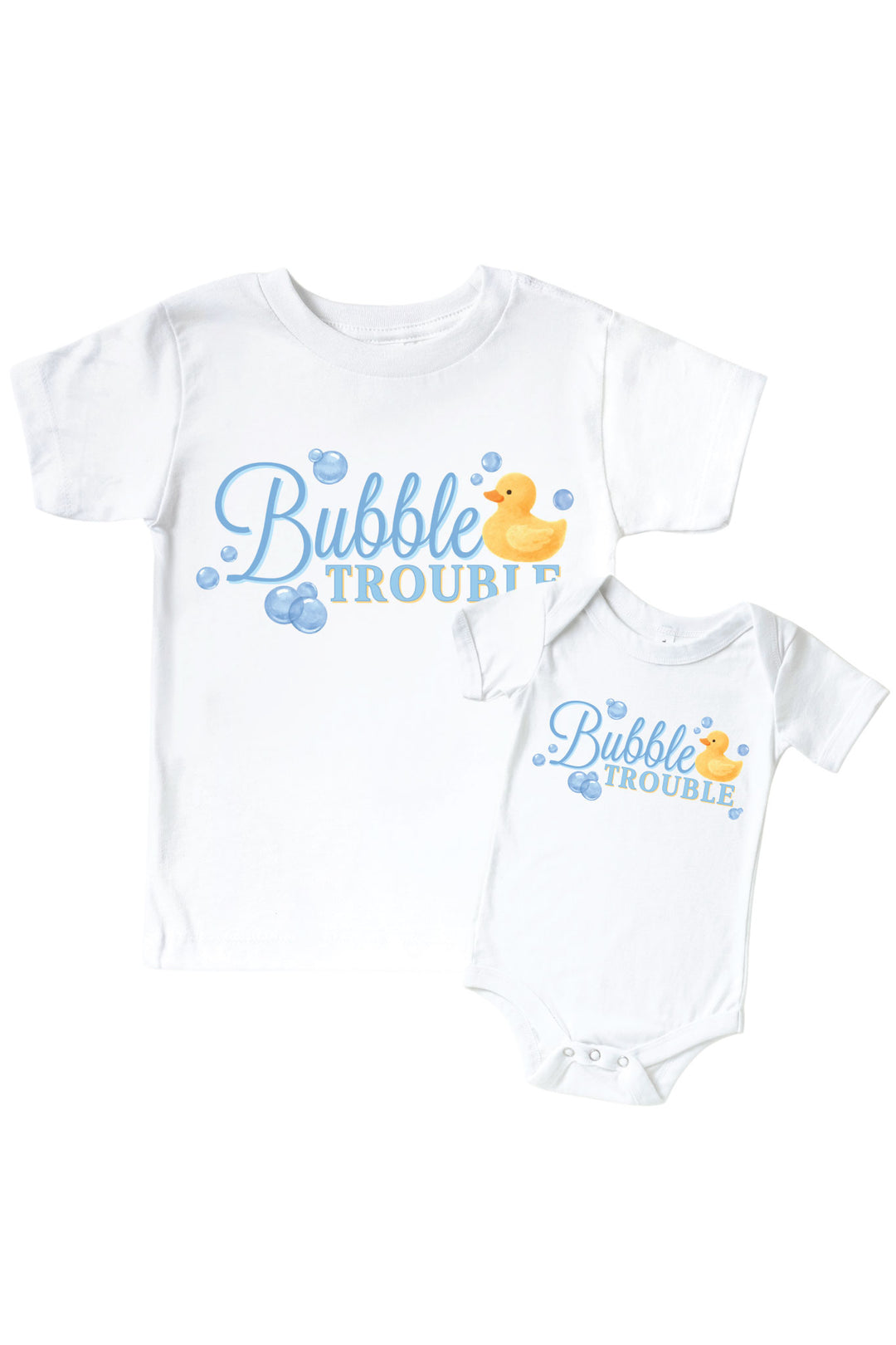 White kids tee and baby bodysuit with blue Bubble Trouble cursive text graphic and yellow rubber duck with bubbles