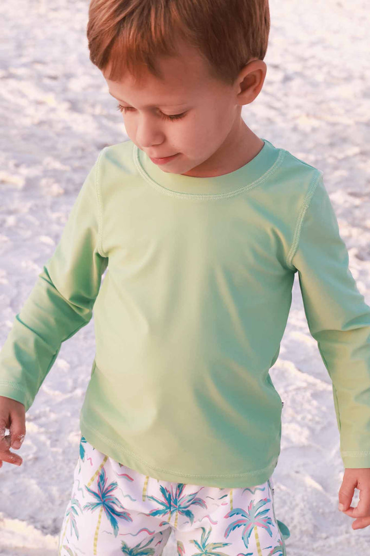 upf 50+ tropical green long sleeve rash guard shirt for boys with matching palm tree swim trunks 