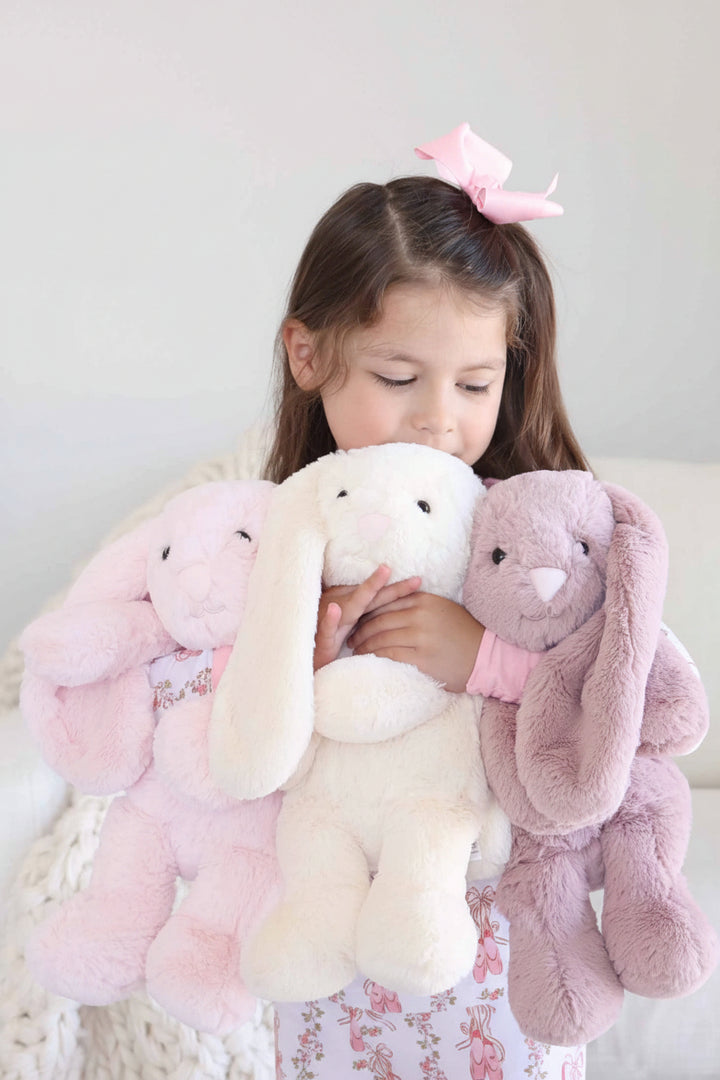 light pink, white and purple stuffed animal bunnies for kids 
