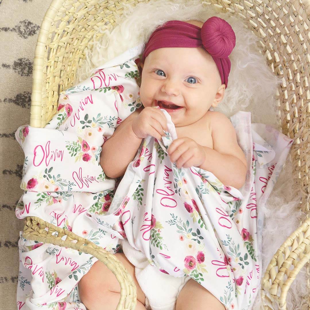 magenta flowers personalized swaddle blanket 