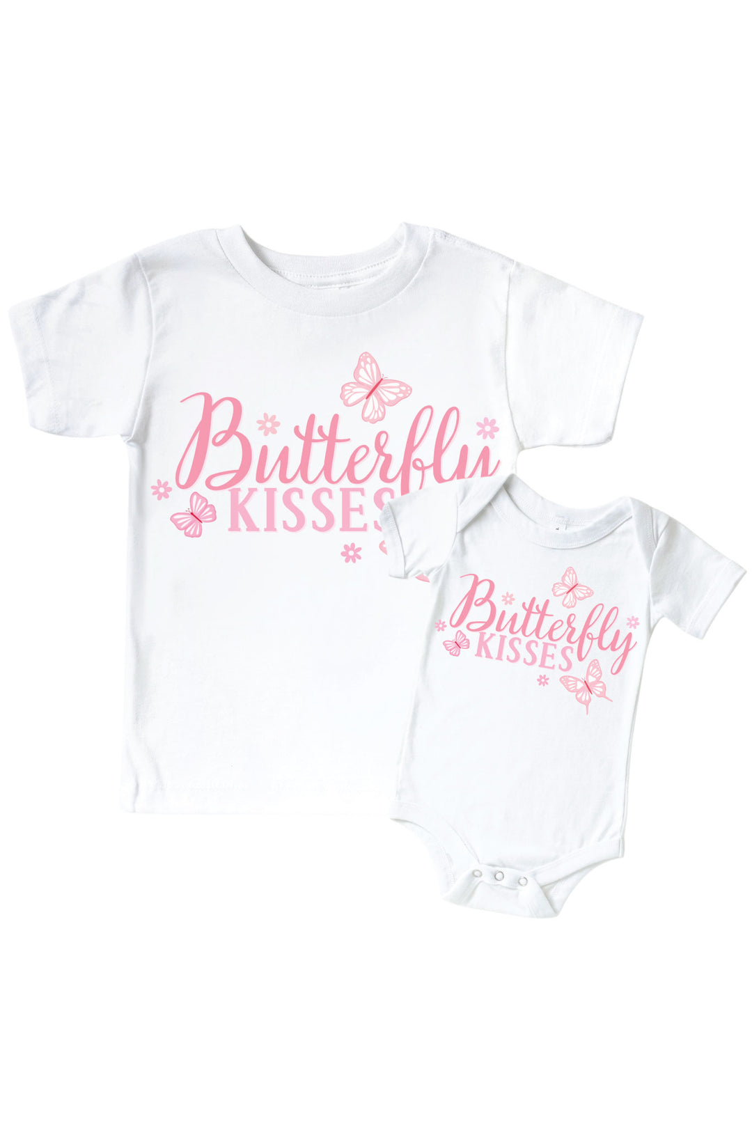 Butterfly Kisses Graphic Bodysuit & Kids Tee in Blooming Butterflies print - white tee and baby bodysuit displayed together, both with pink "Butterfly Kisses" script and butterfly graphics