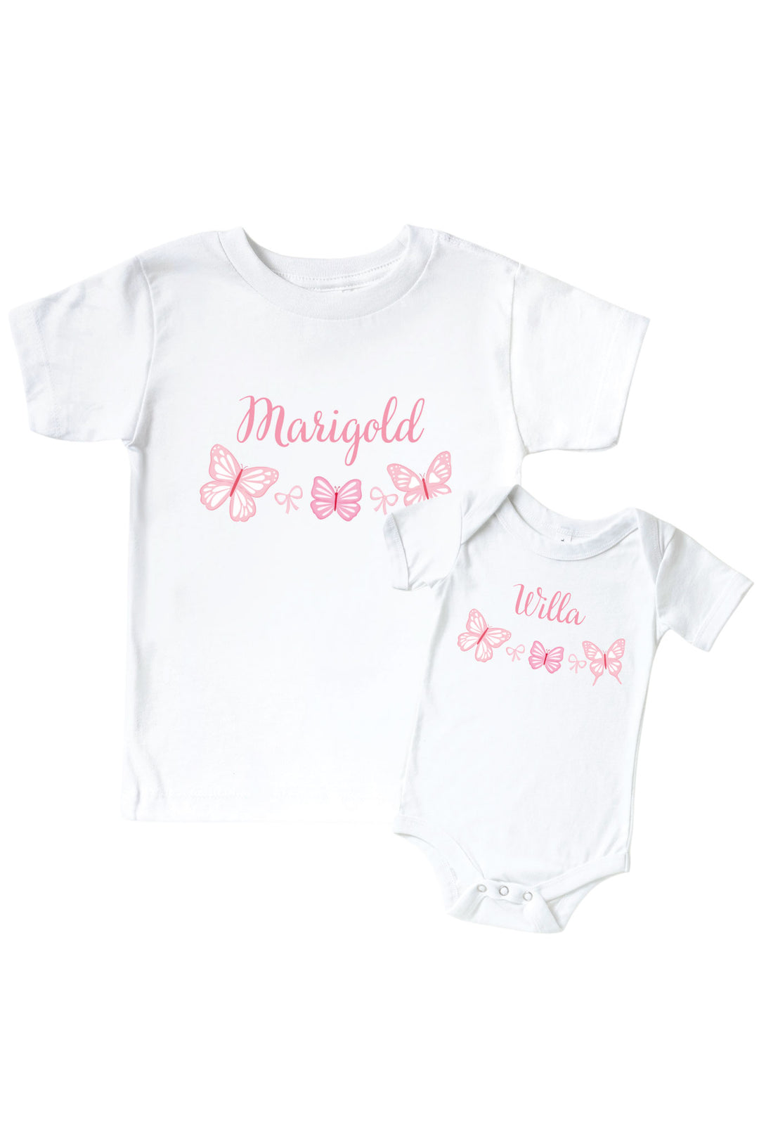 Personalized Blooming Butterflies Graphic Bodysuit & Kids Tee in White - white kids tee and baby bodysuit shown together, each personalized with a name and pink butterfly graphic