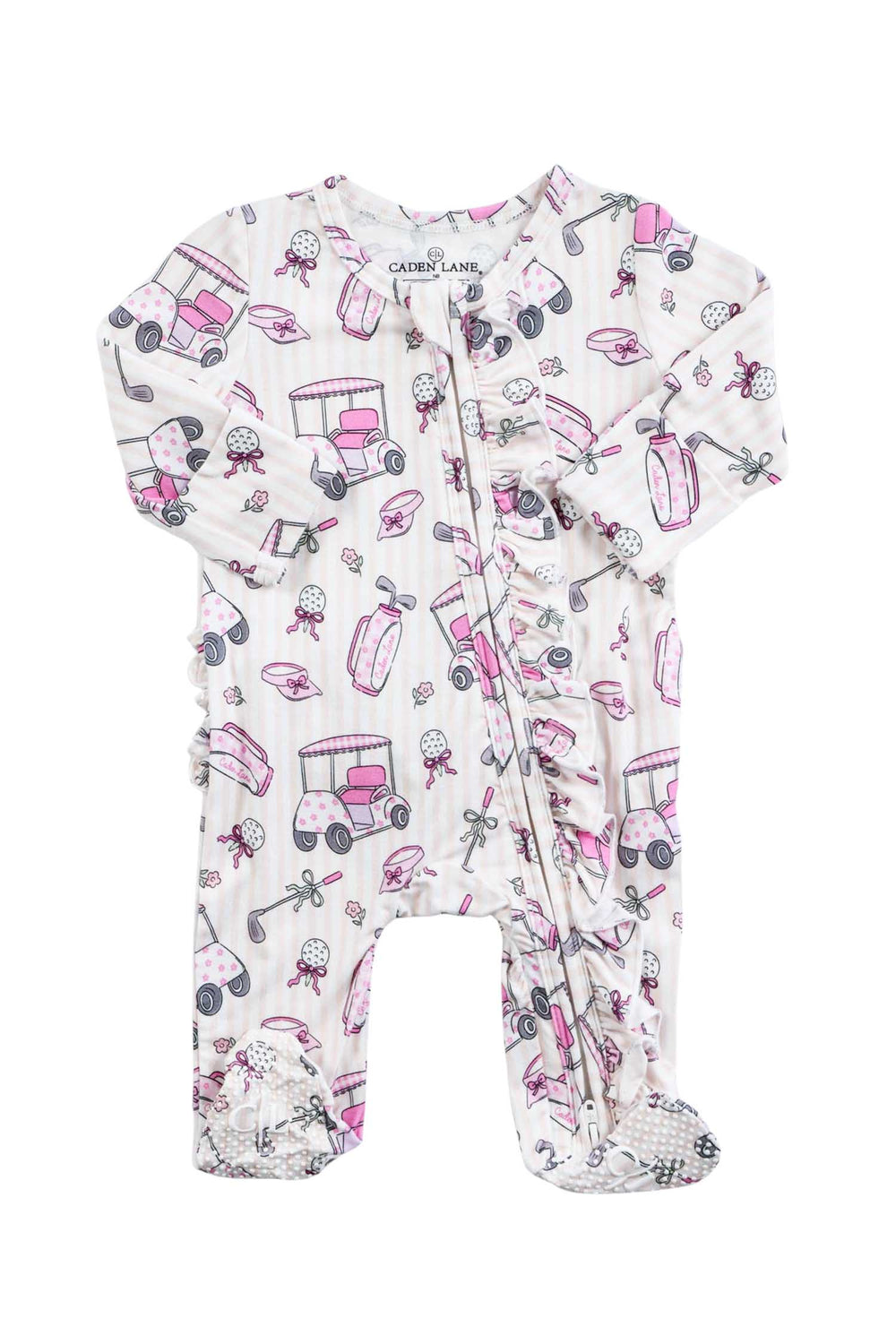 bamboo ruffle zipper footie caddie crew pink