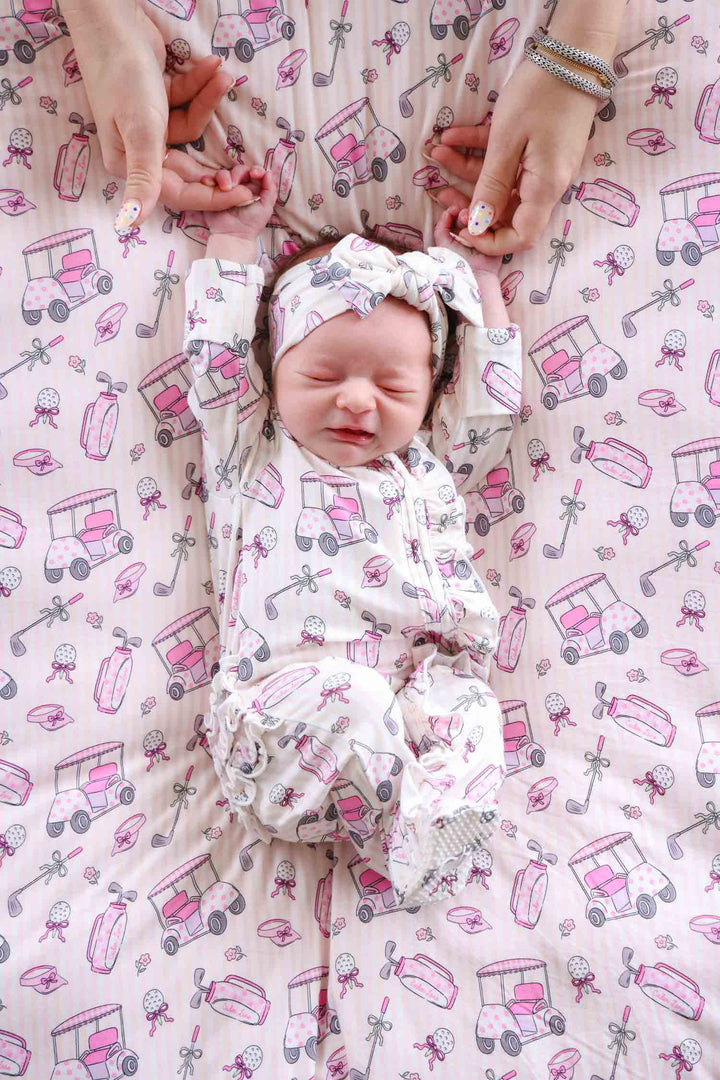 pink preppy golf footie, headwrap and blanket