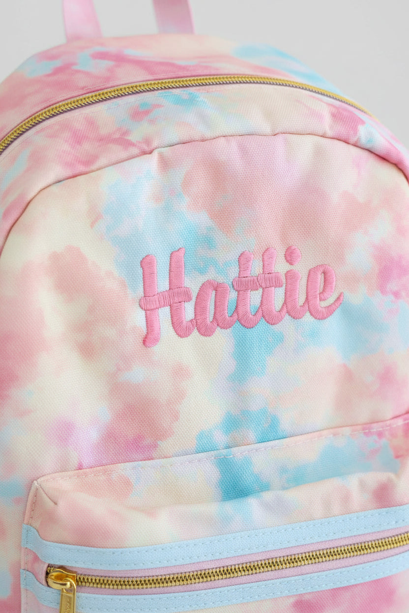 pink, orange, blue and yellow embroidered name backpack for girls 