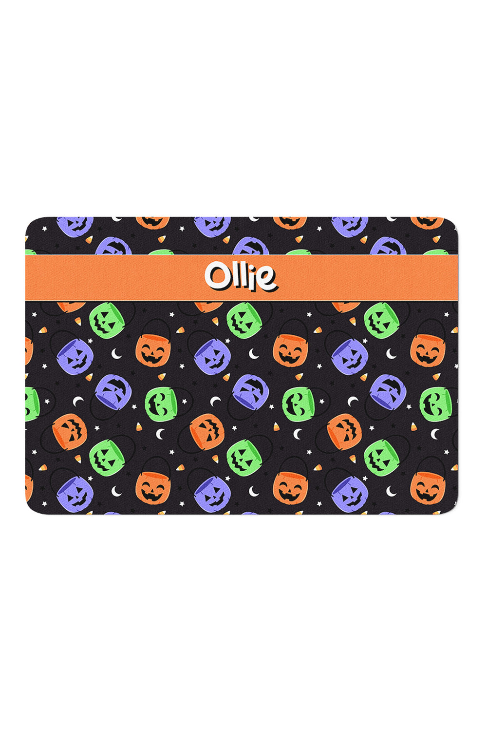 Personalized Halloween pet placemat with black jack-o-lantern and candy corn print and an orange band customized with the name Ollie
