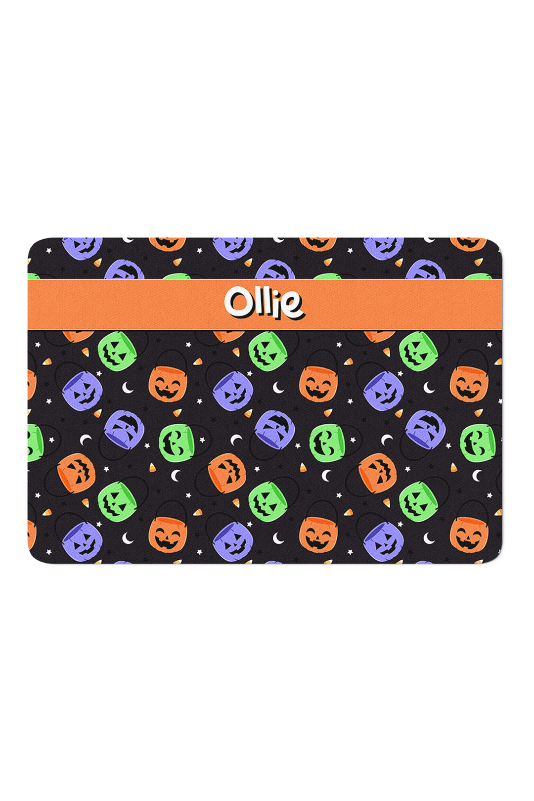 Personalized Halloween pet placemat with black jack-o-lantern and candy corn print and an orange band customized with the name Ollie