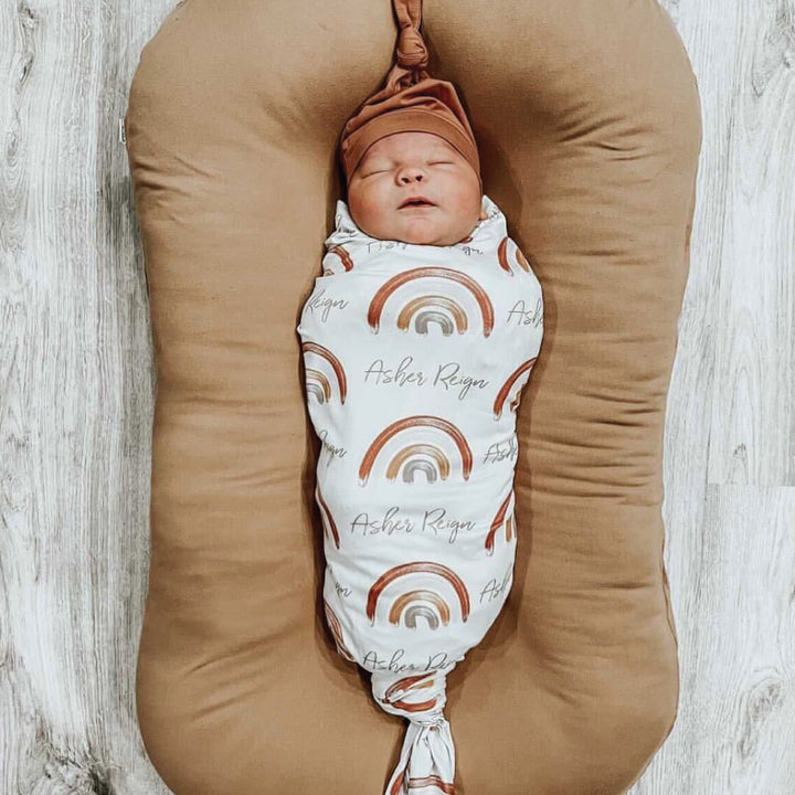 earthy rainbow personalized swaddle blanket 