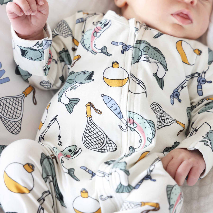 baby boy fishing themed zipper footie 