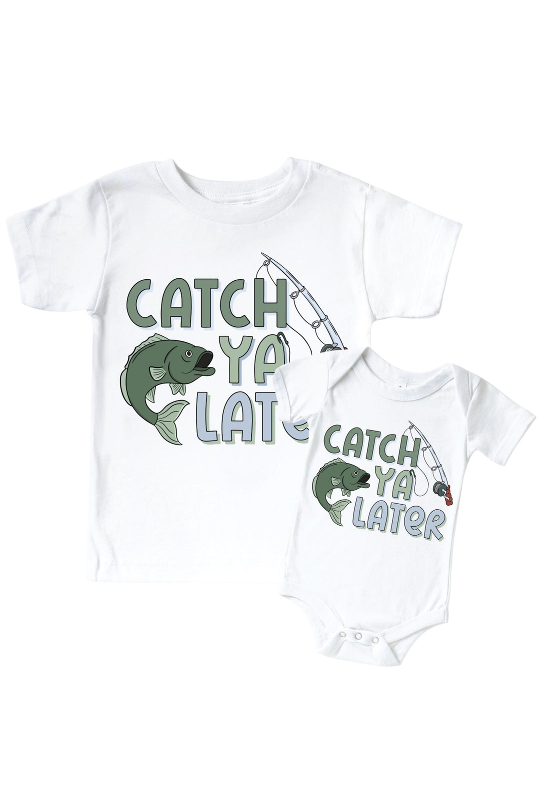 Catch Ya Later kids graphic tee and bodysuit set with fish and fishing lure graphic flat lay
