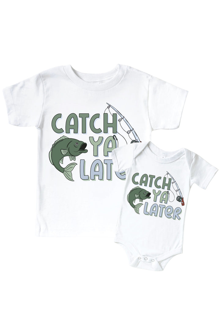 Catch Ya Later kids graphic tee and bodysuit set with fish and fishing lure graphic flat lay