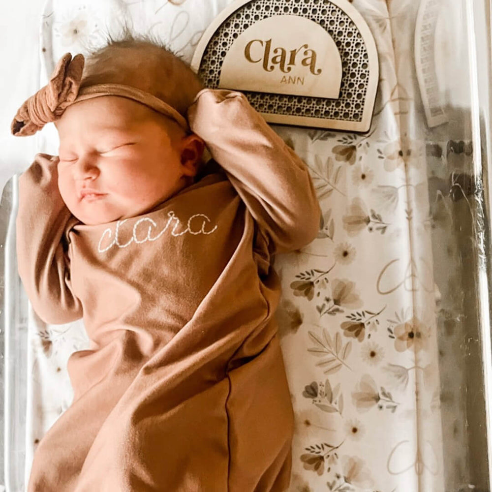camel personalized stitched knot gown