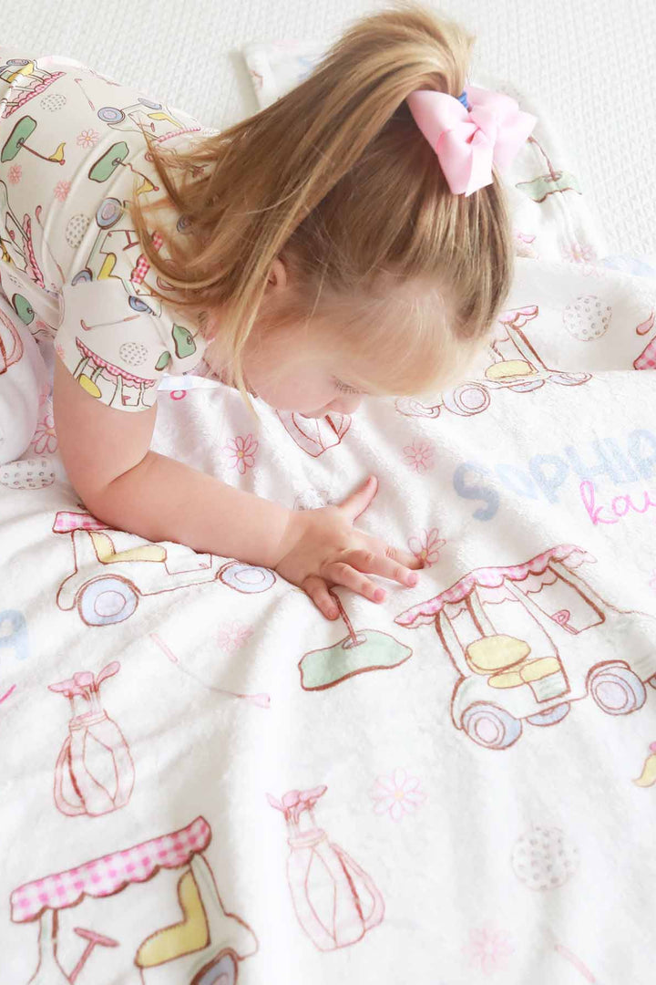 pink golf cart themed blanket for kids 