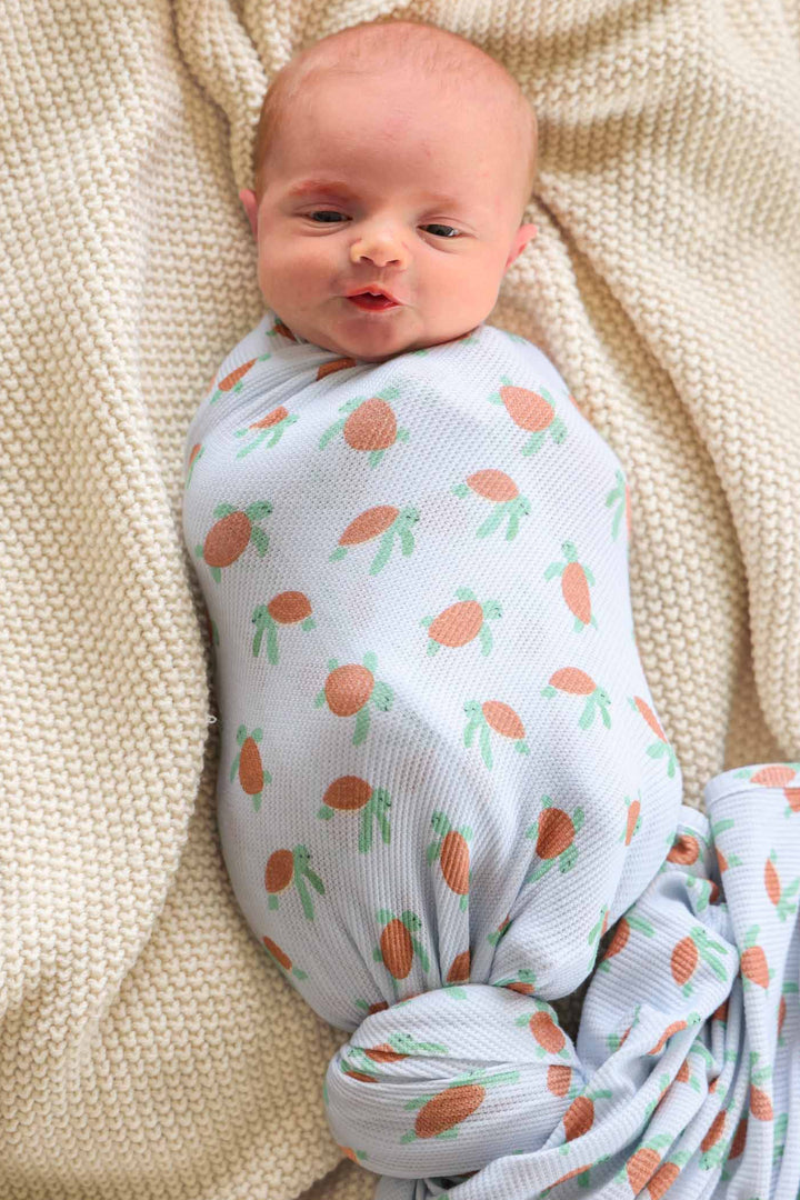 bamboo waffle oversized swaddle blanket in coastal cruisers turtle print