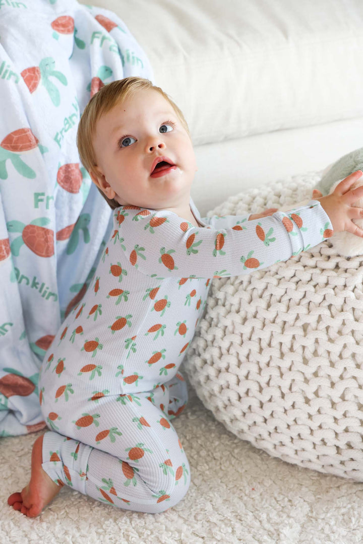 soft bamboo waffle convertible zip romper in coastal cruisers turtle design