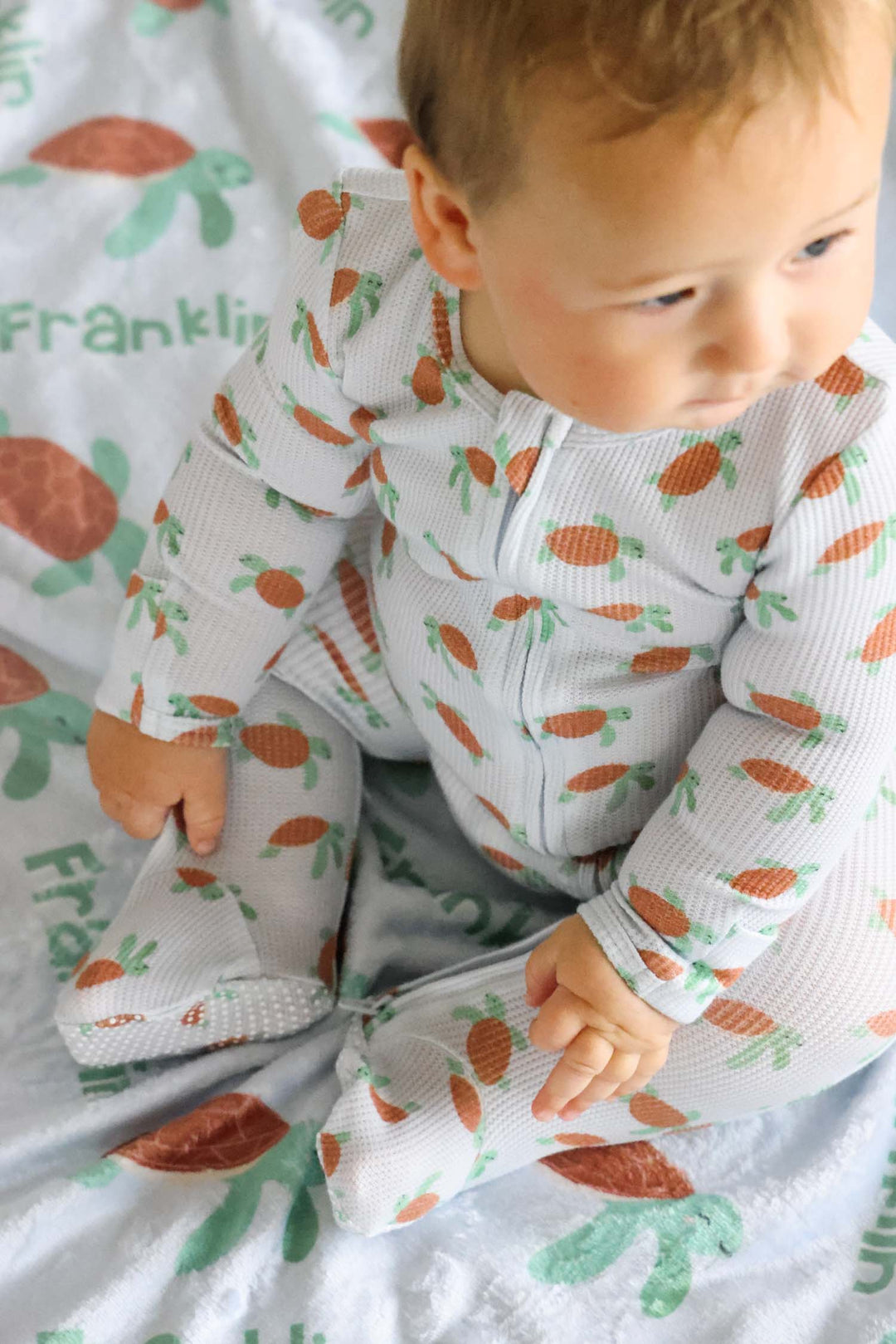 personalized bamboo waffle kids blanket with coastal cruisers ocean and turtle print
