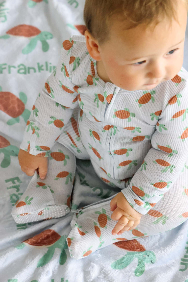 personalized bamboo waffle kids blanket with coastal cruisers ocean and turtle print