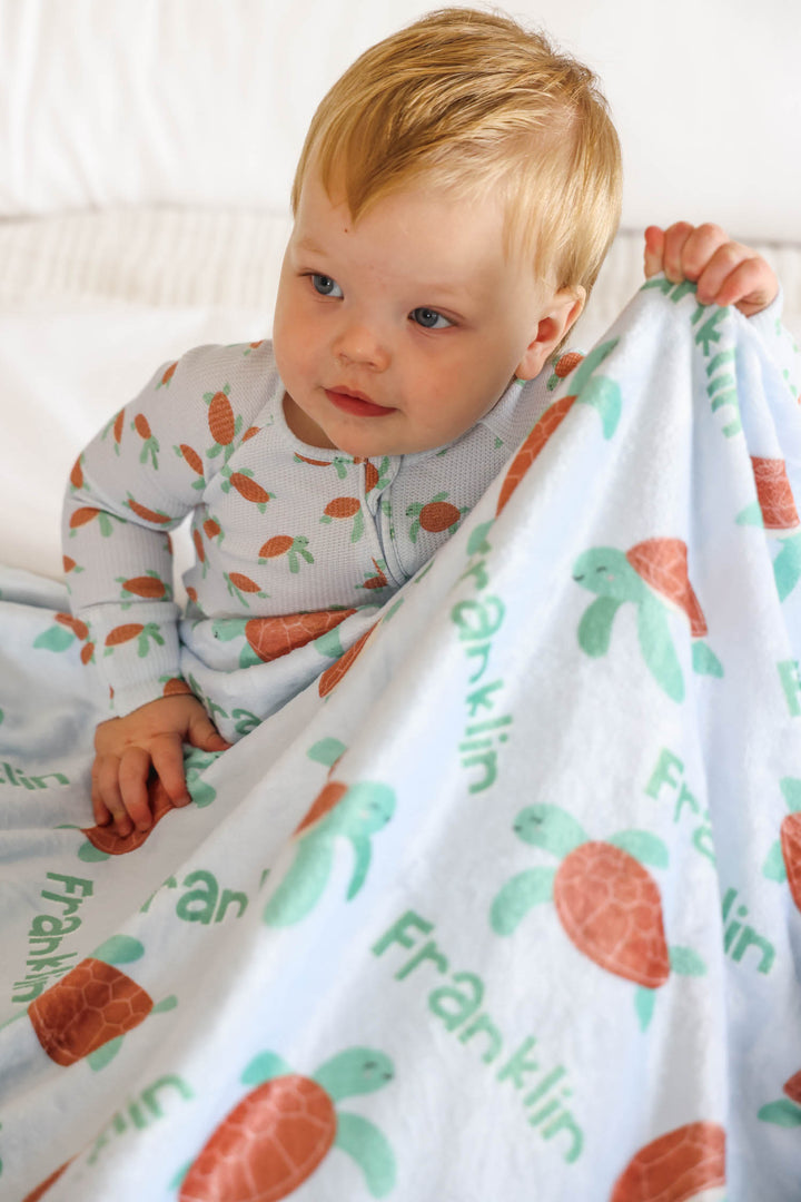 coastal cruisers bamboo waffle kids blanket with turtle and ocean print for toddlers