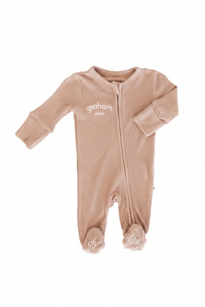 embroidered footie pajama for babies and toddlers brown