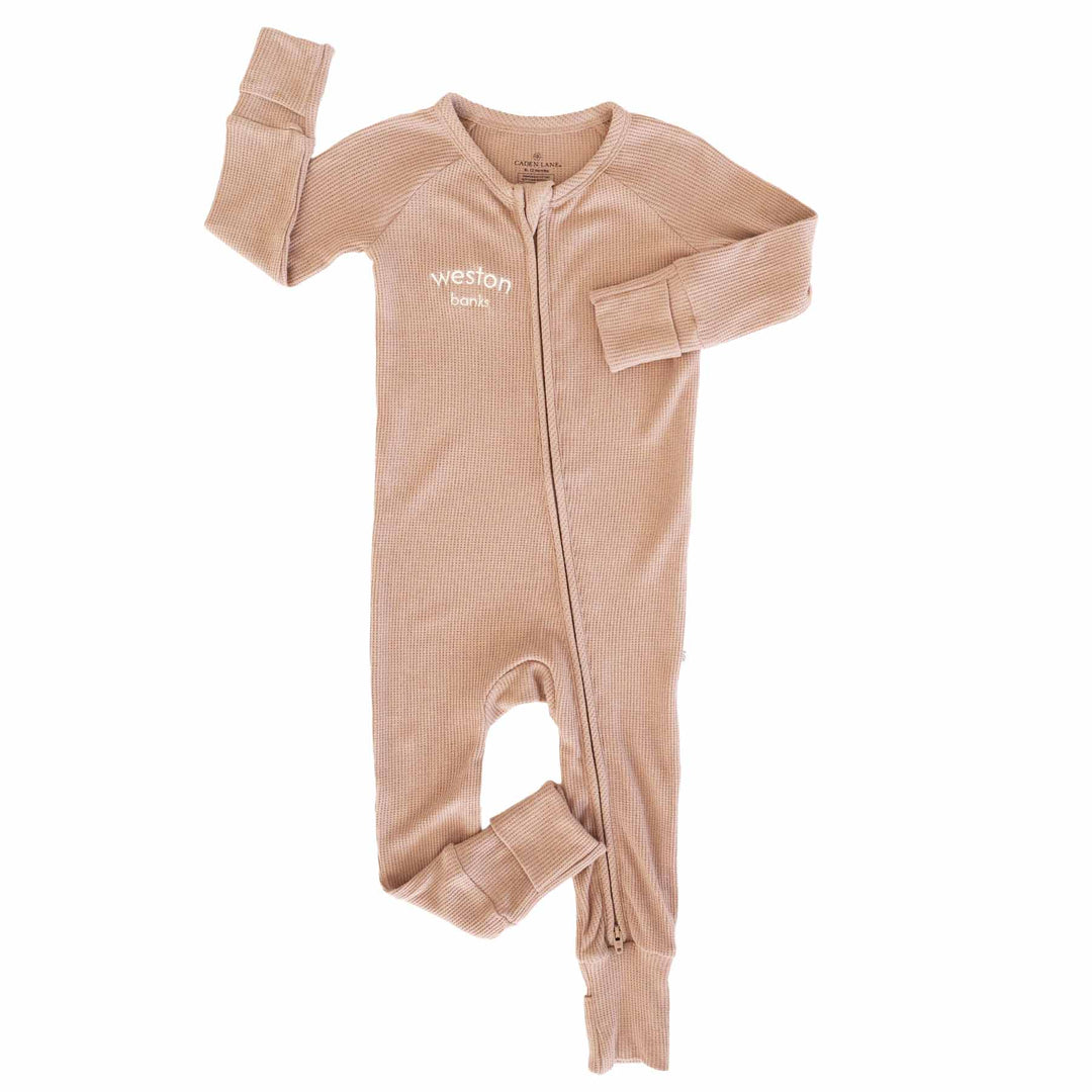 personalized brown convertible zip romper pajama for babies and toddlers 