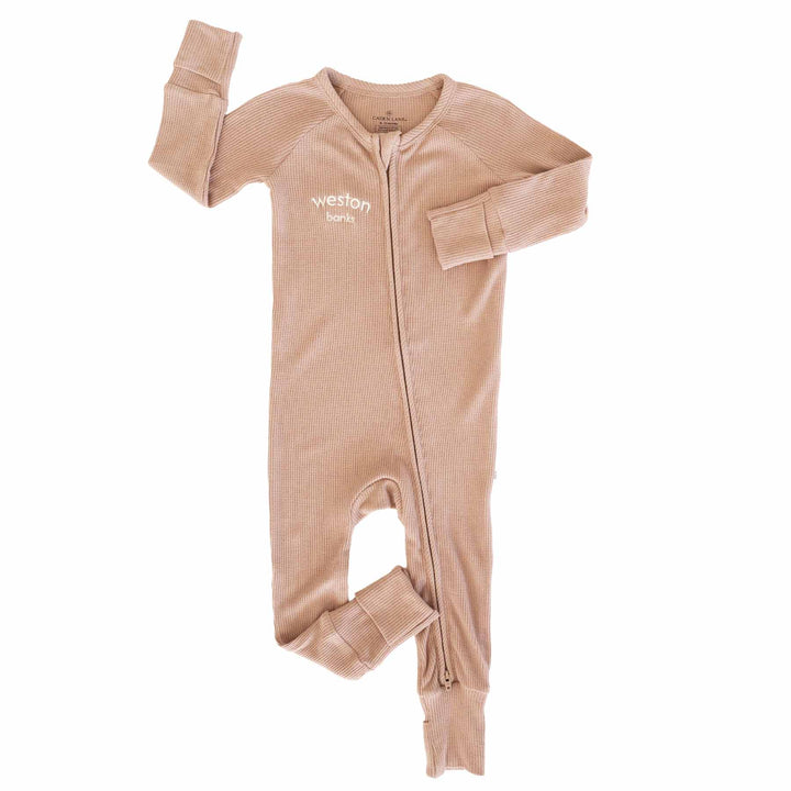 personalized brown convertible zip romper pajama for babies and toddlers 