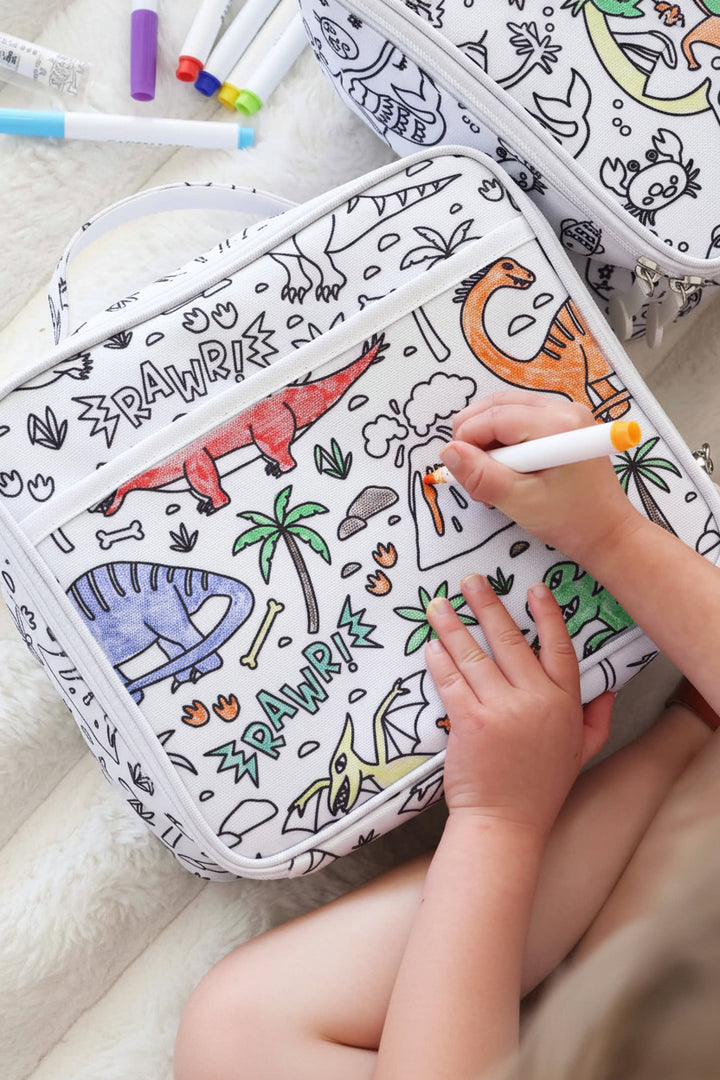 kids dinosaur and volcano colorable lunchbox