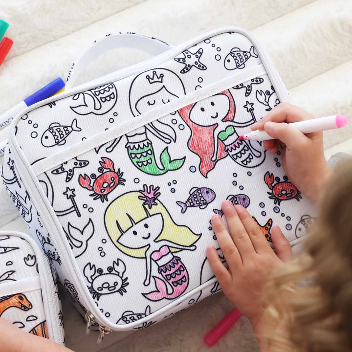 colorable mermaid lunchbox for girls with front pocket 