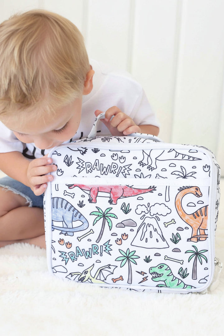 colorable lunchbox for boys dinosaur themed with front pocket 