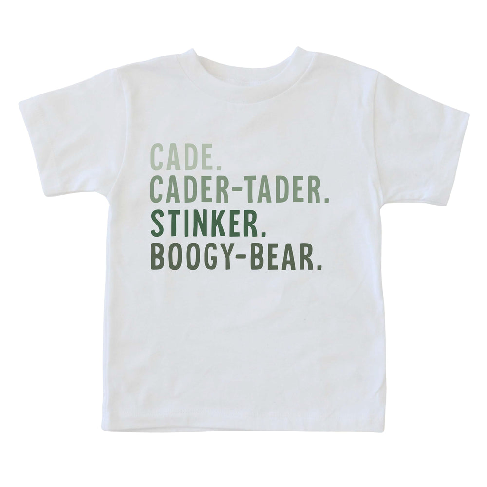 color block nickname tee green letters