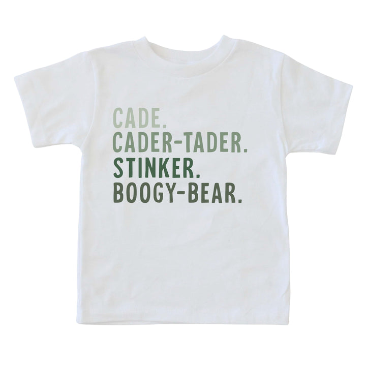 color block nickname tee green letters